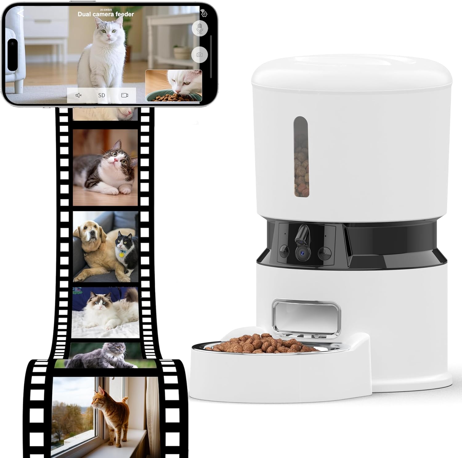Distributeur automatique de croquettes pour chat et chien de 4 L avec minuterie, système de conservation de la fraîcheur et capteur de niveau bas. Jusqu'à 10 repas par jour, contrôlé par une application intelligente.
