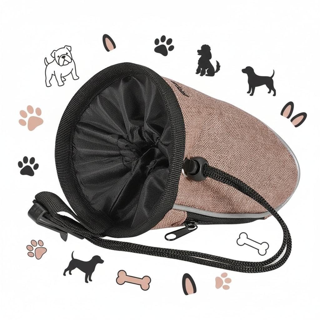 Pochette de dressage pour chien avec distributeur de sacs à déjections intégré.