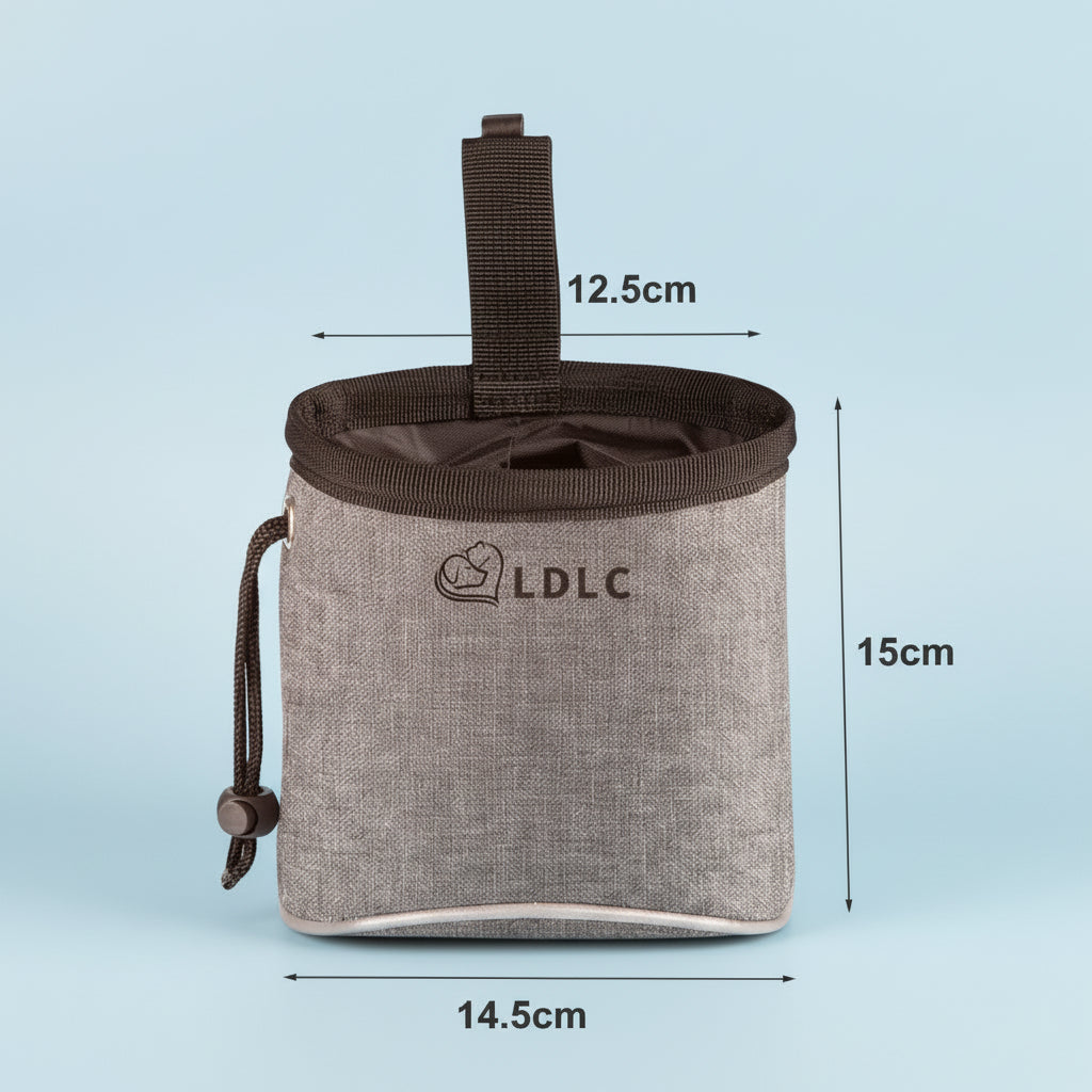 Pochette de dressage pour chien avec distributeur de sacs à déjections intégré.