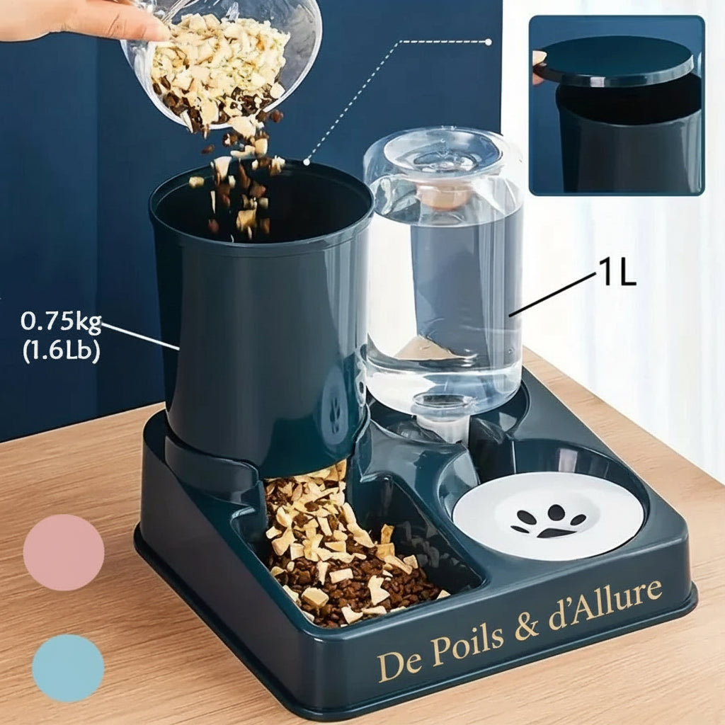 Distributeur automatique de nourriture et d'eau pour chat, 2 en 1, inclinable, fonctionnant par gravité.