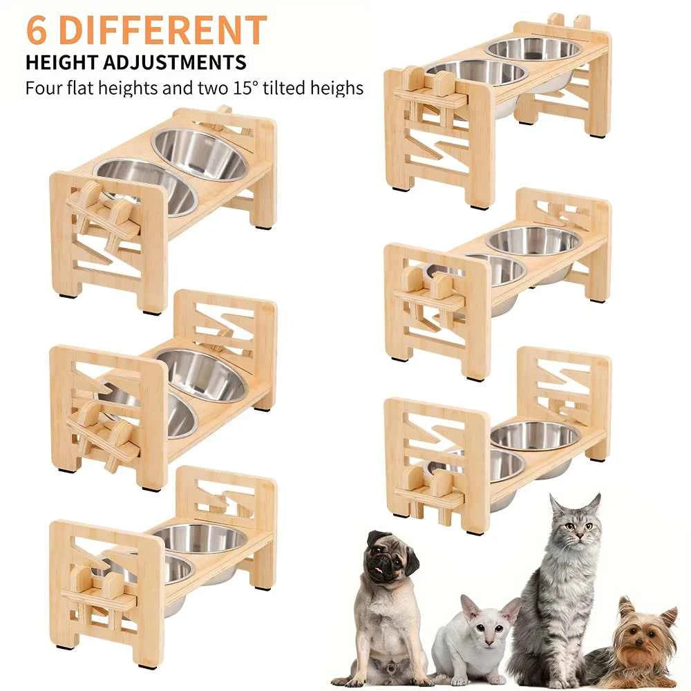 Support surélevé en bois réglable pour gamelles de petits chiens et chats