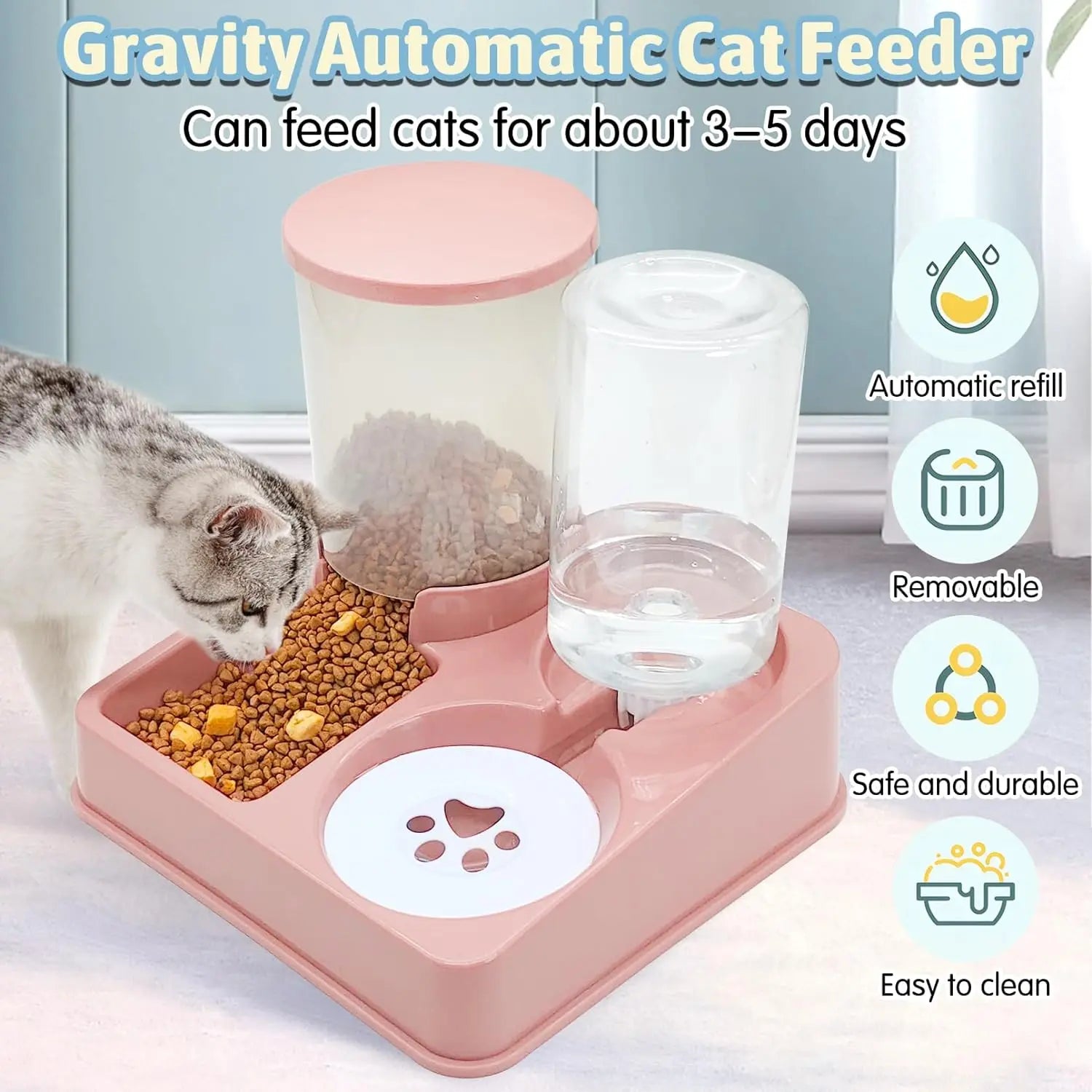 Distributeur automatique de nourriture et d'eau pour chat, 2 en 1, inclinable, fonctionnant par gravité.