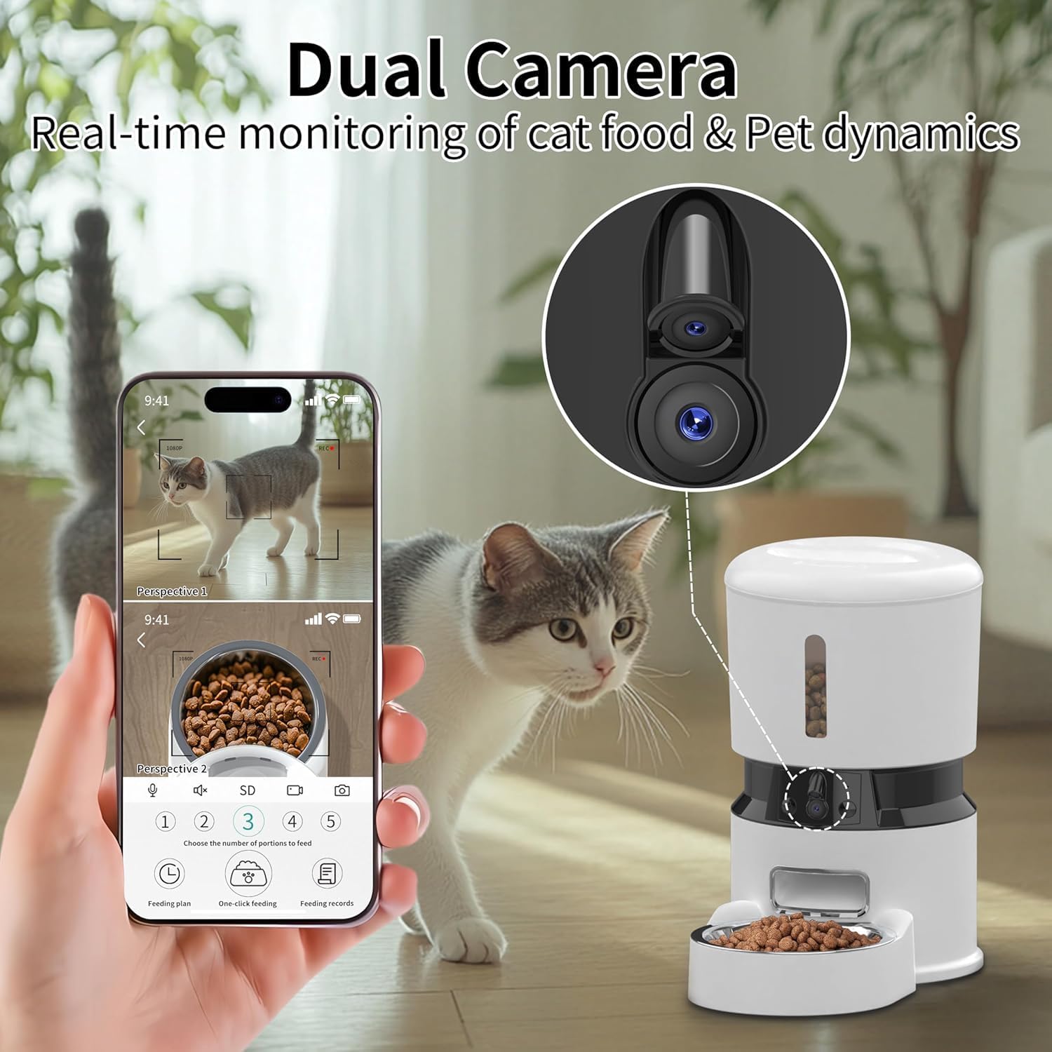 Distributeur automatique de croquettes pour chat et chien de 4 L avec minuterie, système de conservation de la fraîcheur et capteur de niveau bas. Jusqu'à 10 repas par jour, contrôlé par une application intelligente.