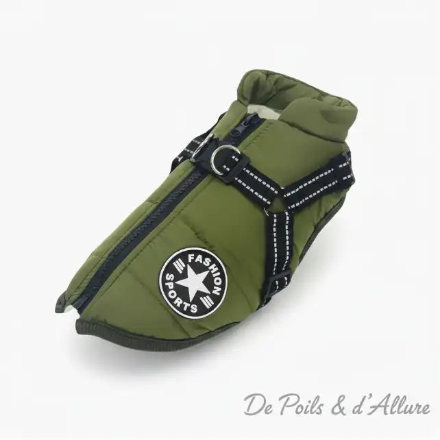 Manteau doudoune vert kaki pour chien – vêtement chaud, confortable et hydrofuge, idéal pour l’hiver